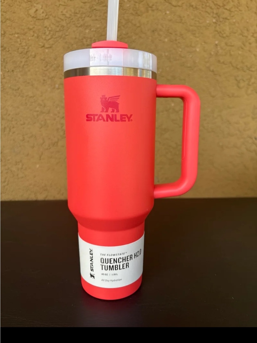 Stanley Coral Red Travel Tumbler with Handle